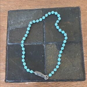 Turquoise Beaded Necklace with Silver Feather Clasp Fossil Jewelry